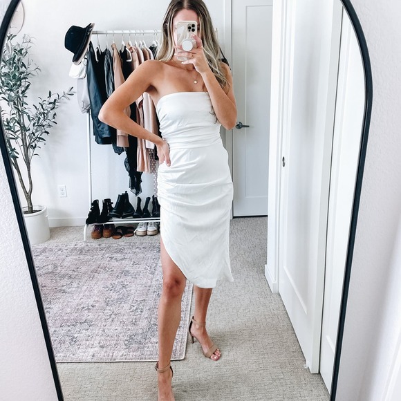 LOVERS + FRIENDS REVOLVE White Satin Ruched Midi Dress - Picture 1 of 16